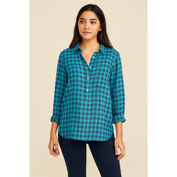J. Crew 6 Gingham Popover Caribbean Blue - Picture 1 of 5